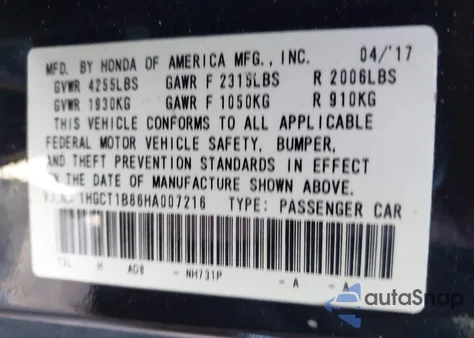 2017 Honda Accord Ex-L from USA, damaged, VIN 1HGCT1B86HA007216